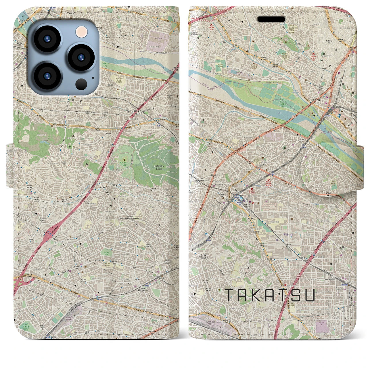 【高津】地図柄iPhoneケース（手帳両面タイプ・ナチュラル）iPhone 13 Pro Max 用