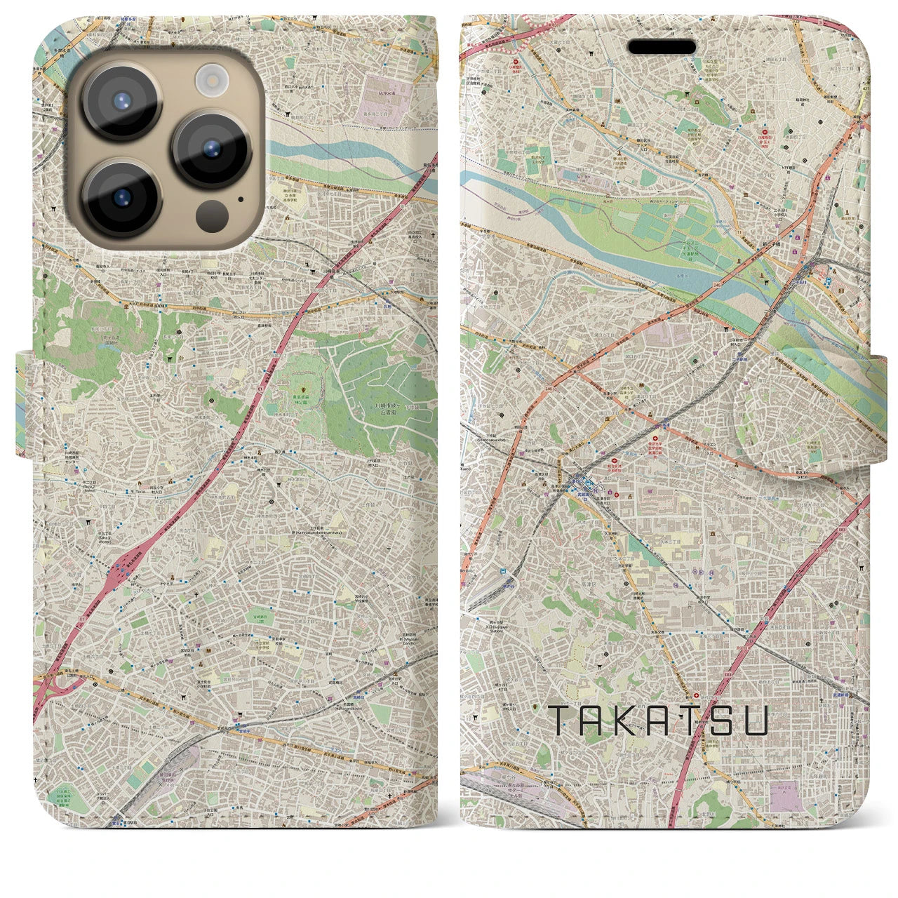 【高津】地図柄iPhoneケース（手帳両面タイプ・ナチュラル）iPhone 14 Pro Max 用