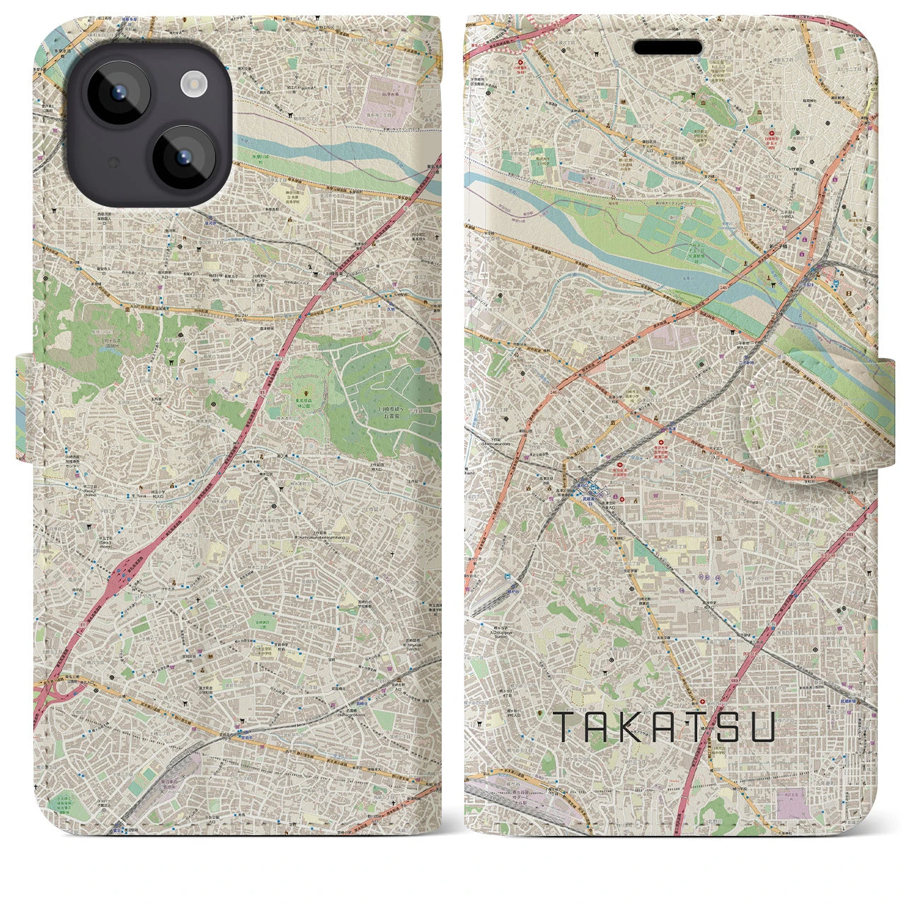 【高津】地図柄iPhoneケース（手帳両面タイプ・ナチュラル）iPhone 14 Plus 用