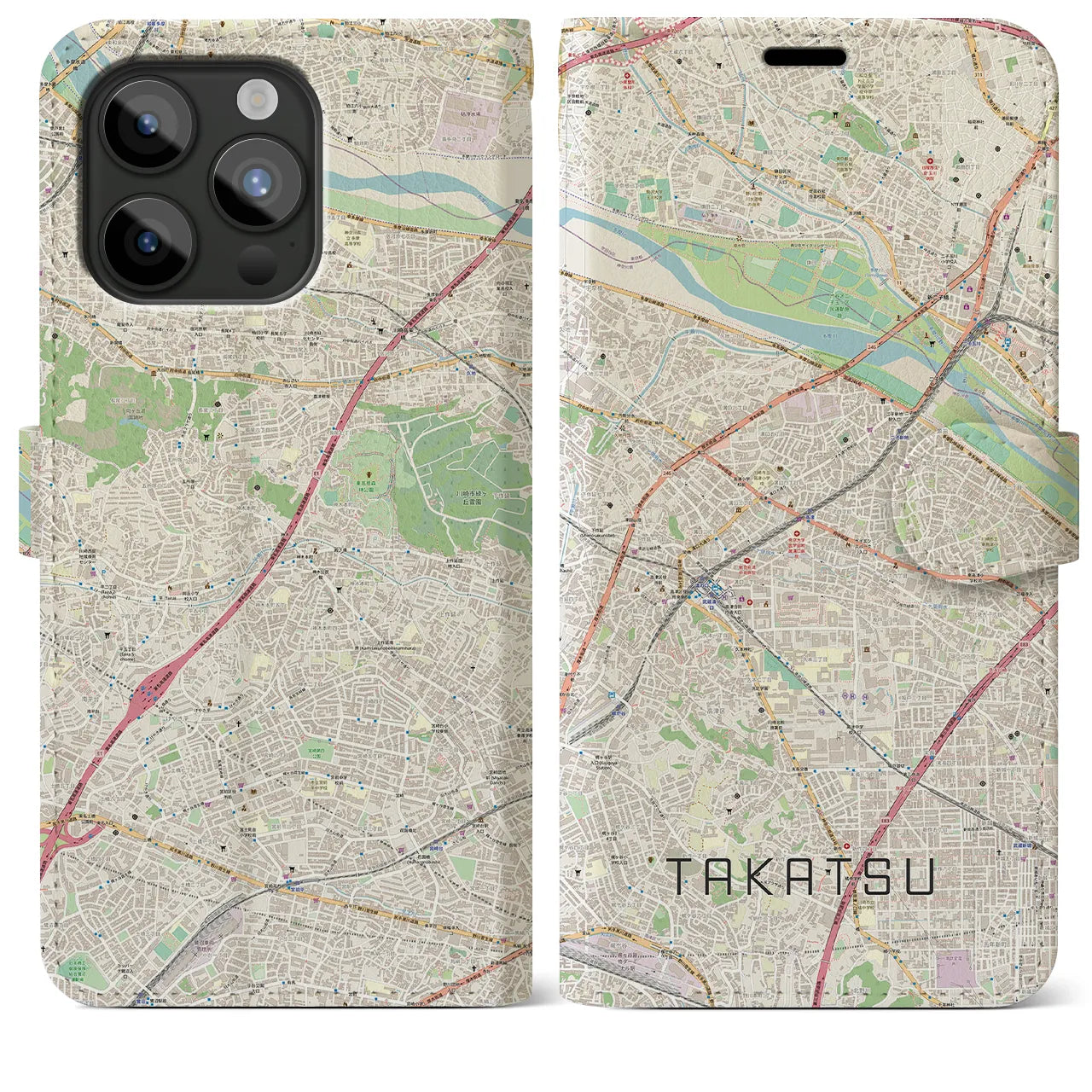 【高津】地図柄iPhoneケース（手帳両面タイプ・ナチュラル）iPhone 15 Pro Max 用