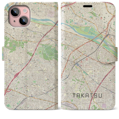 【高津（神奈川県）】地図柄iPhoneケース（手帳タイプ）ナチュラル・iPhone 15 Plus 用