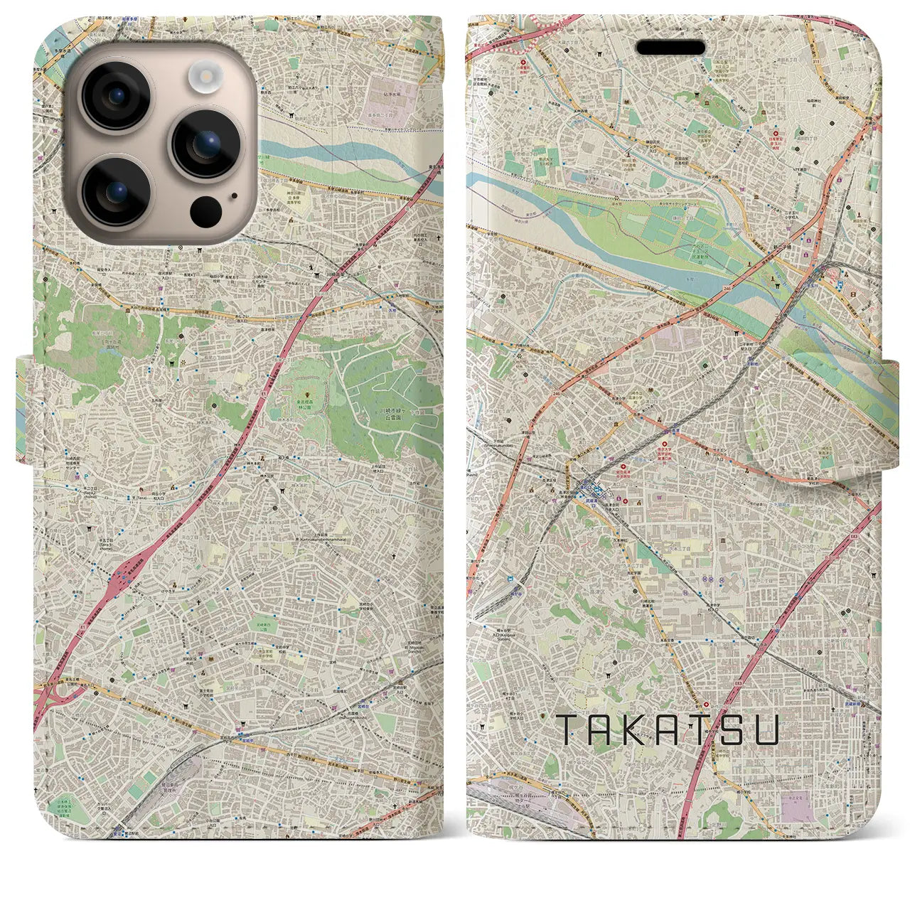 【高津（神奈川県）】地図柄iPhoneケース（手帳タイプ）ナチュラル・iPhone 16 Plus 用