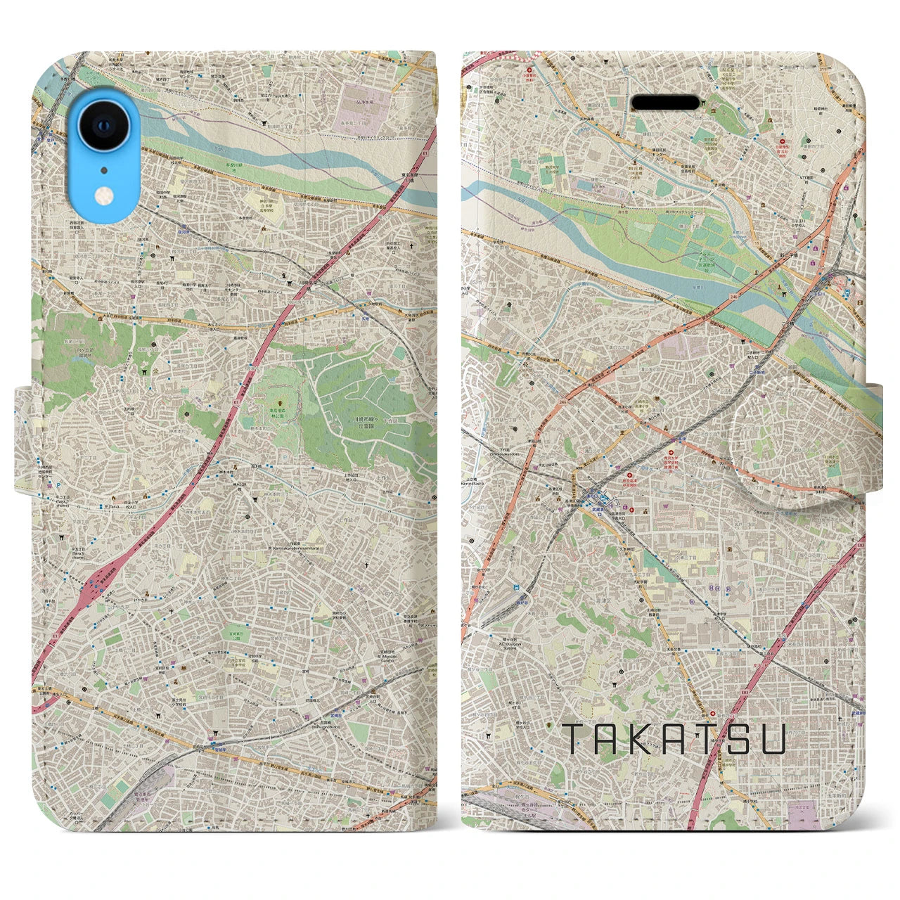 【高津】地図柄iPhoneケース（手帳両面タイプ・ナチュラル）iPhone XR 用