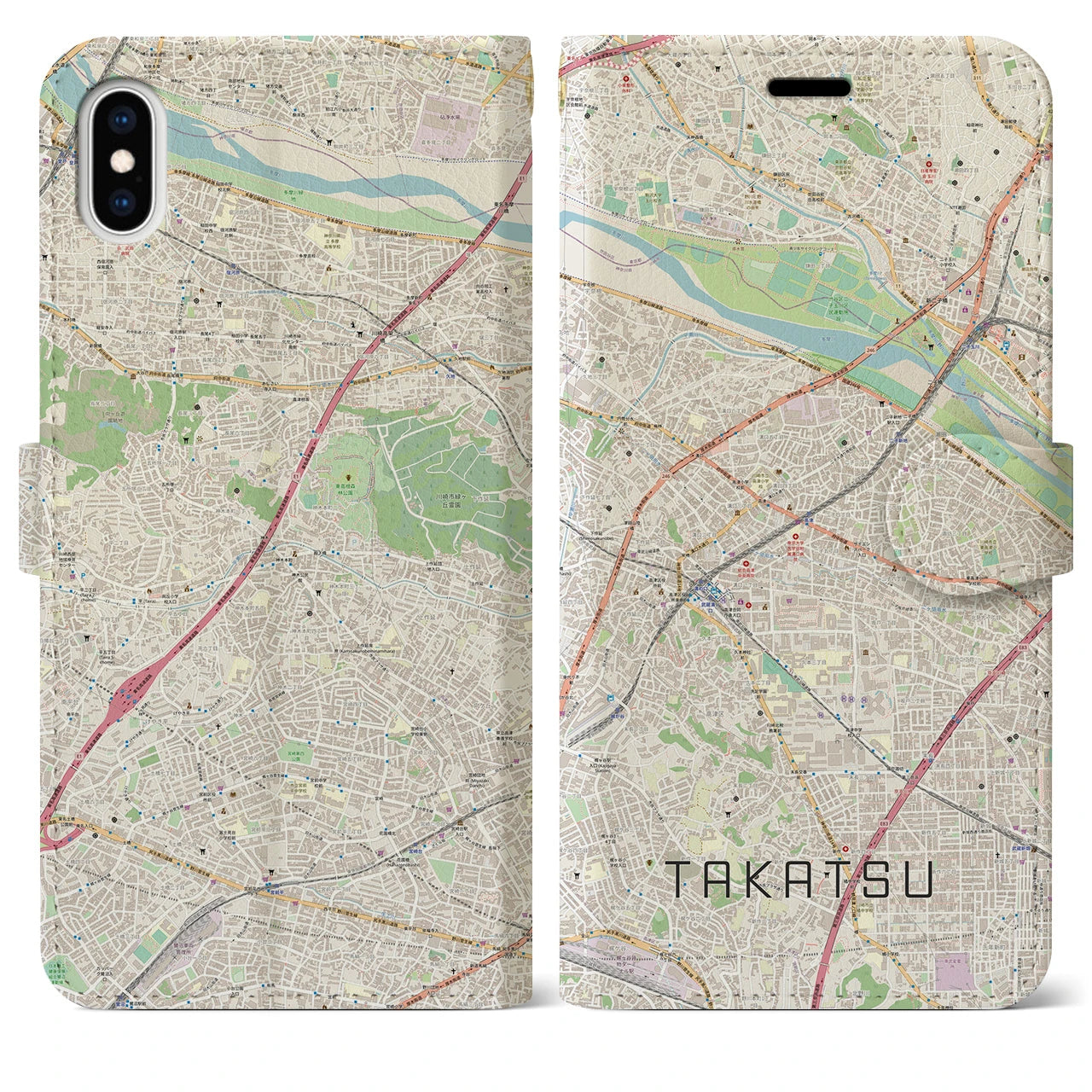 【高津】地図柄iPhoneケース（手帳両面タイプ・ナチュラル）iPhone XS Max 用