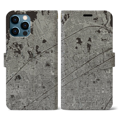 【高槻（大阪府）】地図柄iPhoneケース（手帳タイプ）モノトーン・iPhone 12 / 12 Pro 用