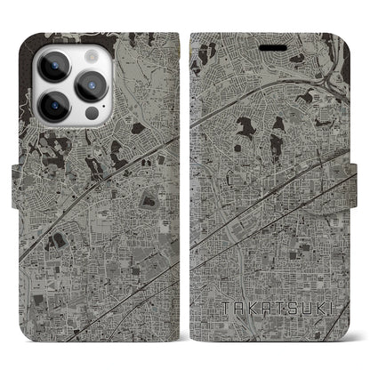 【高槻（大阪府）】地図柄iPhoneケース（手帳タイプ）モノトーン・iPhone 14 Pro 用
