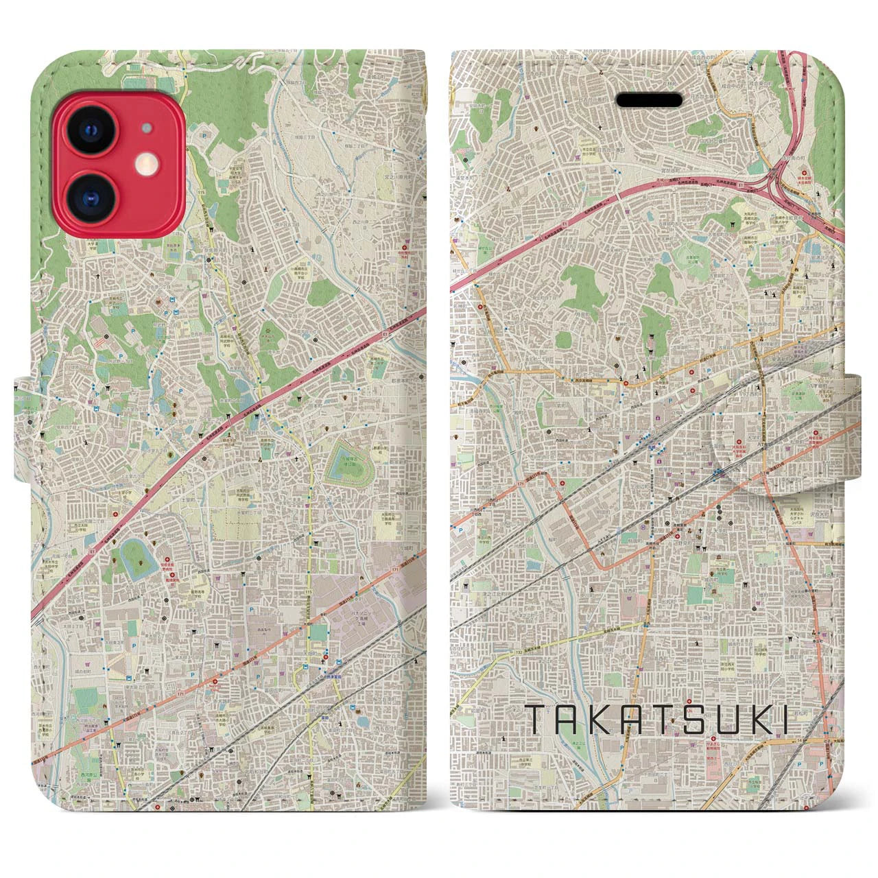【高槻】地図柄iPhoneケース（手帳両面タイプ・ナチュラル）iPhone 11 用