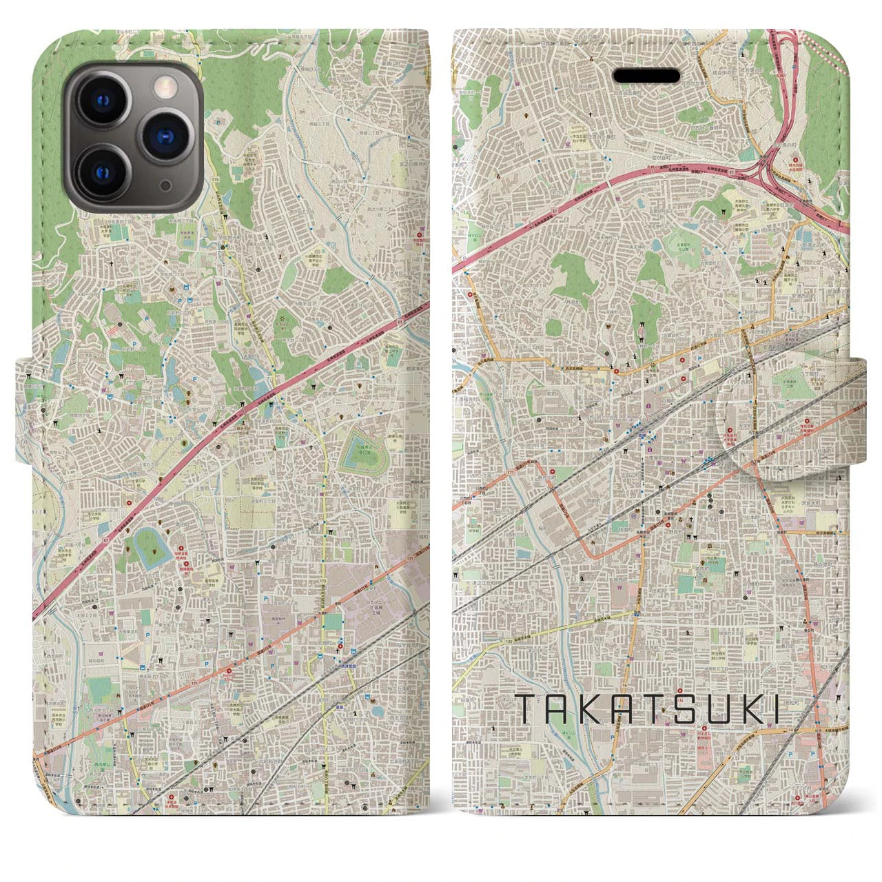 【高槻】地図柄iPhoneケース（手帳両面タイプ・ナチュラル）iPhone 11 Pro Max 用