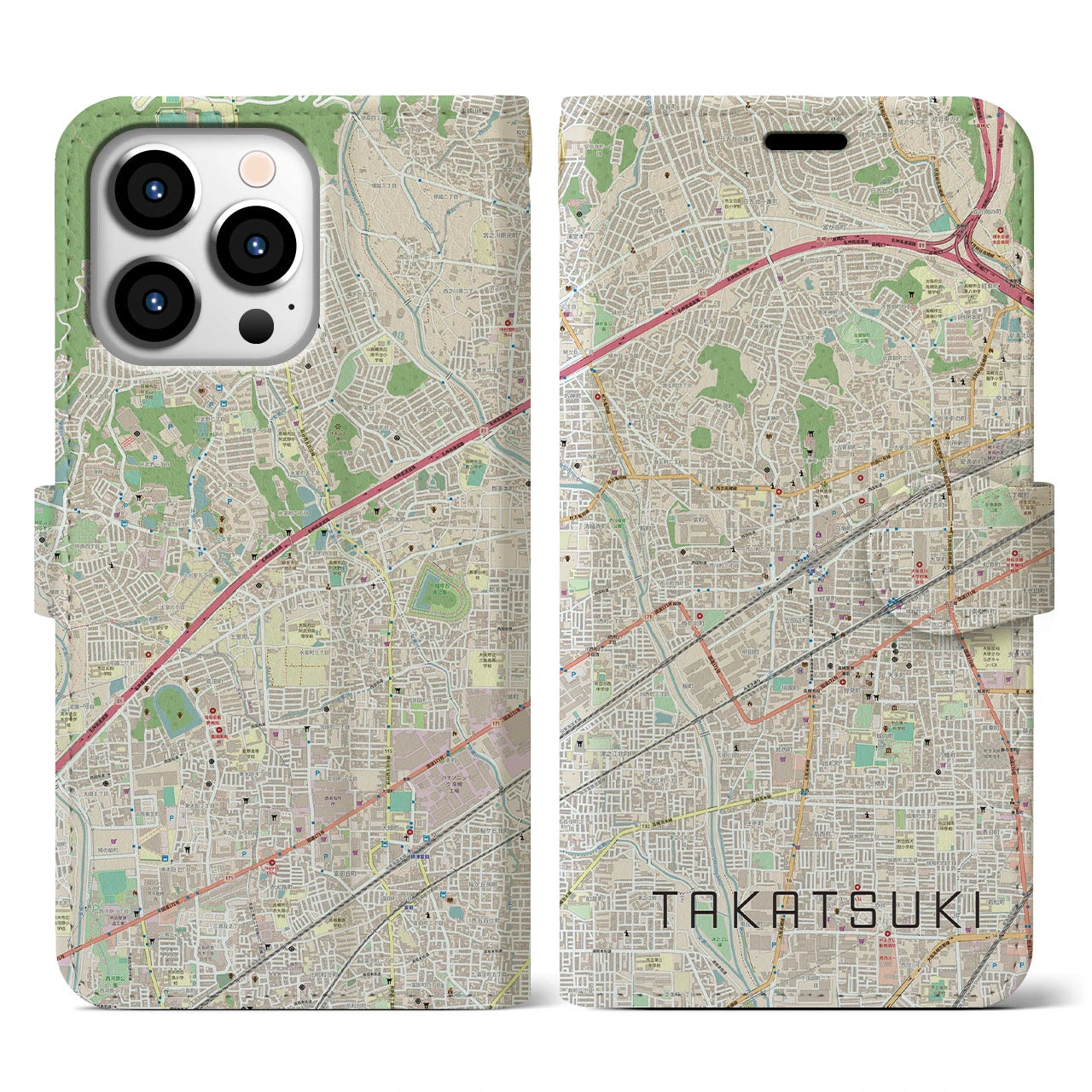 【高槻】地図柄iPhoneケース（手帳両面タイプ・ナチュラル）iPhone 13 Pro 用