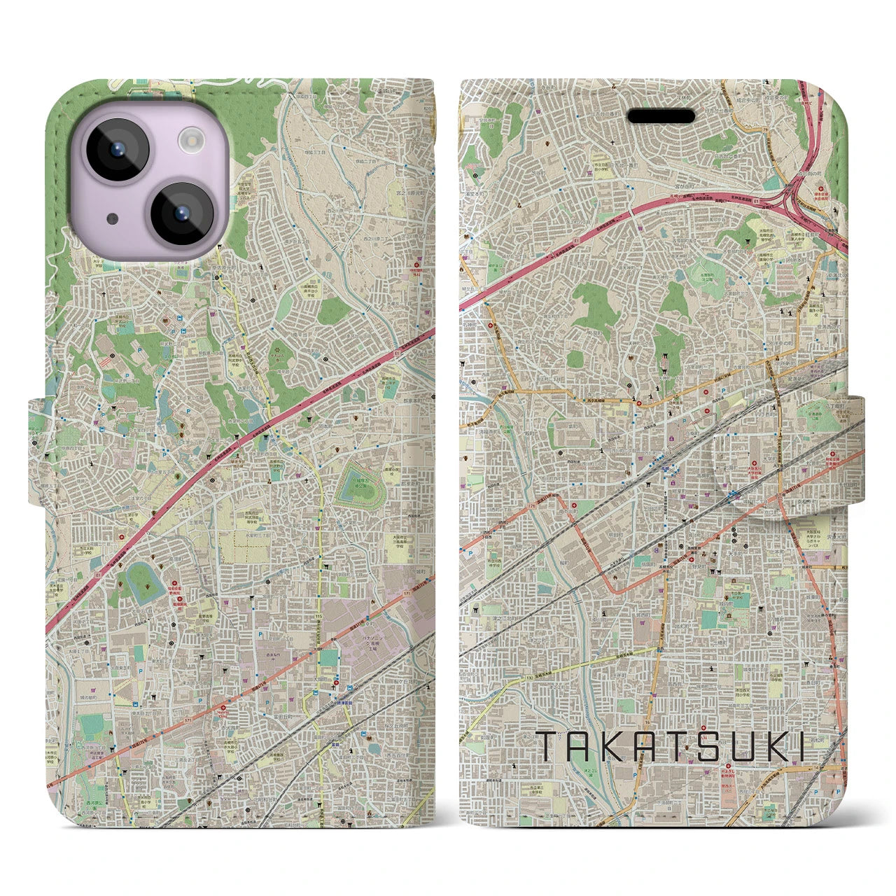 【高槻】地図柄iPhoneケース（手帳両面タイプ・ナチュラル）iPhone 14 用