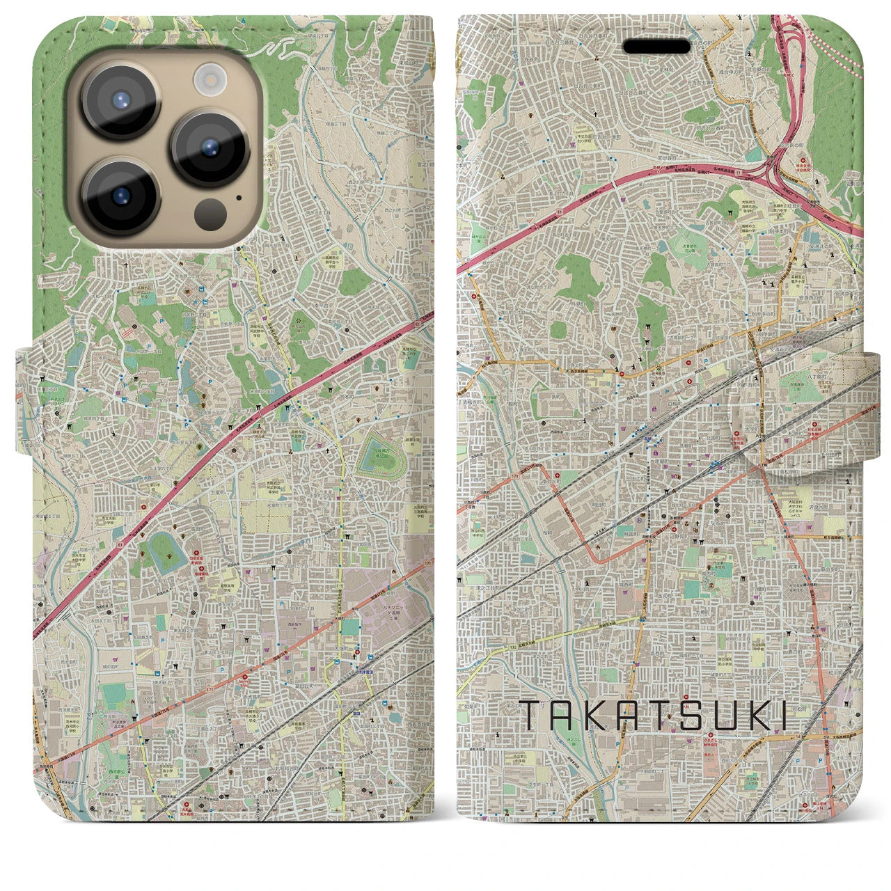 【高槻】地図柄iPhoneケース（手帳両面タイプ・ナチュラル）iPhone 14 Pro Max 用