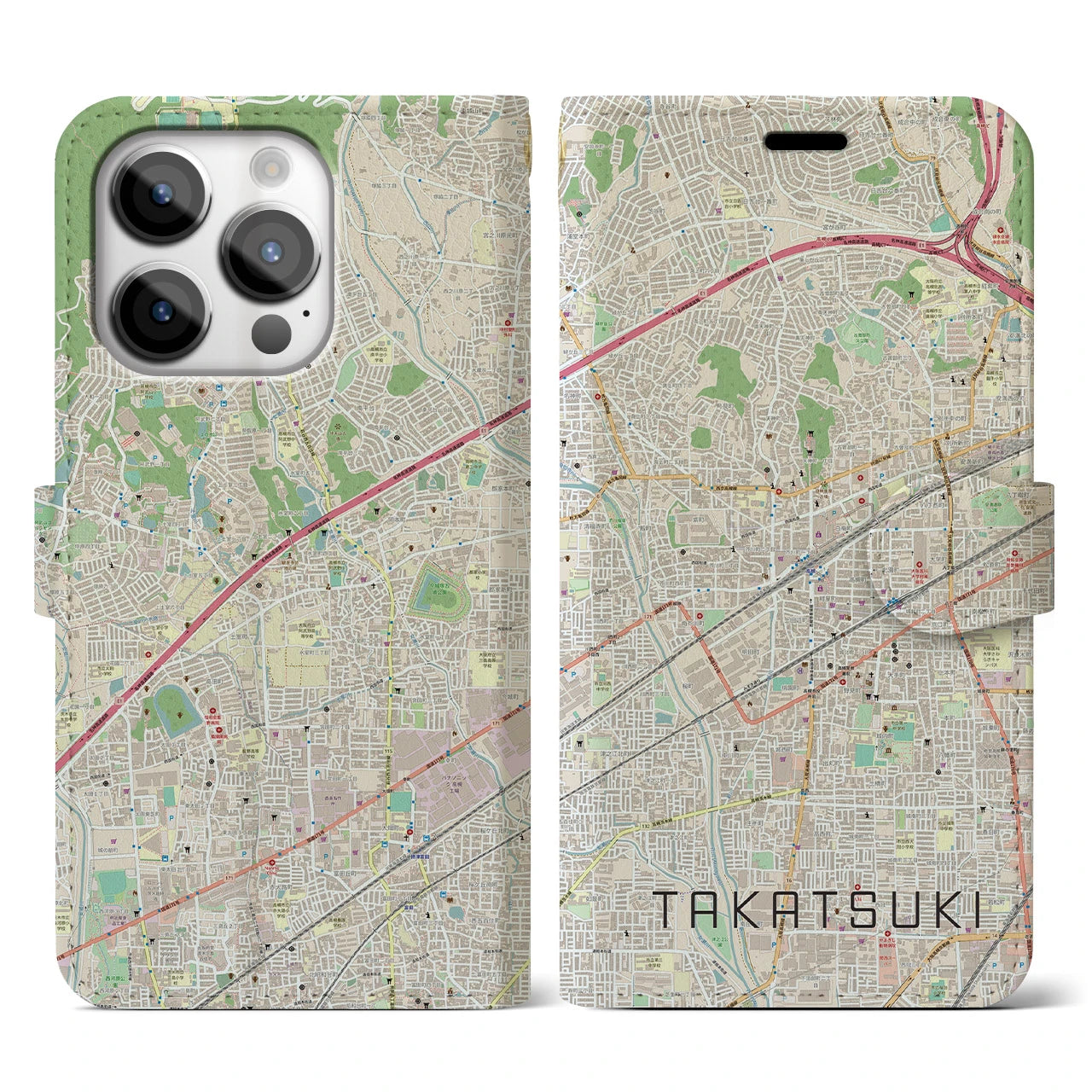 【高槻】地図柄iPhoneケース（手帳両面タイプ・ナチュラル）iPhone 14 Pro 用