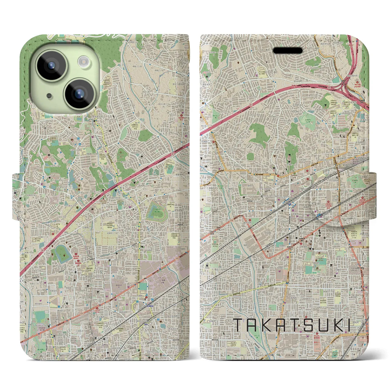 【高槻】地図柄iPhoneケース（手帳両面タイプ・ナチュラル）iPhone 15 用
