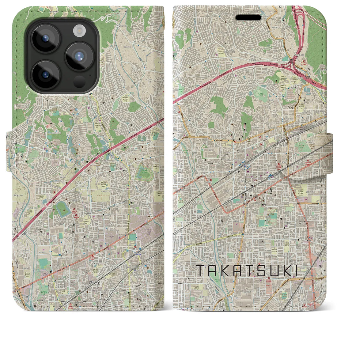 【高槻】地図柄iPhoneケース（手帳両面タイプ・ナチュラル）iPhone 15 Pro Max 用