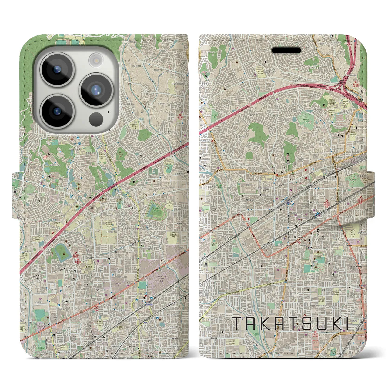 【高槻】地図柄iPhoneケース（手帳両面タイプ・ナチュラル）iPhone 15 Pro 用