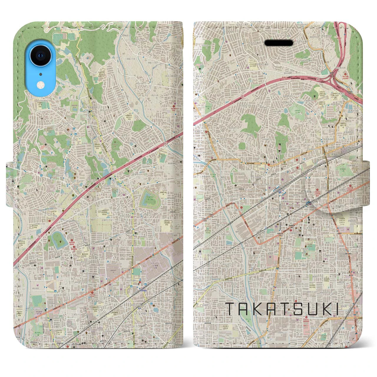 【高槻】地図柄iPhoneケース（手帳両面タイプ・ナチュラル）iPhone XR 用
