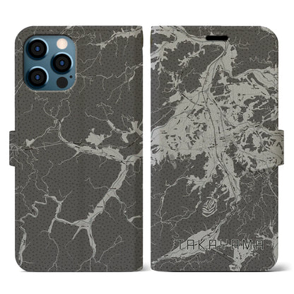 【高山（岐阜県）】地図柄iPhoneケース（手帳タイプ）モノトーン・iPhone 12 / 12 Pro 用