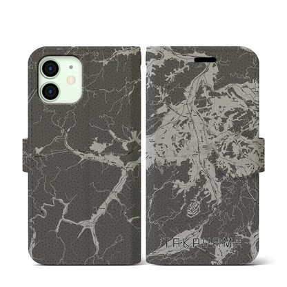 【高山（岐阜県）】地図柄iPhoneケース（手帳タイプ）モノトーン・iPhone 12 mini 用