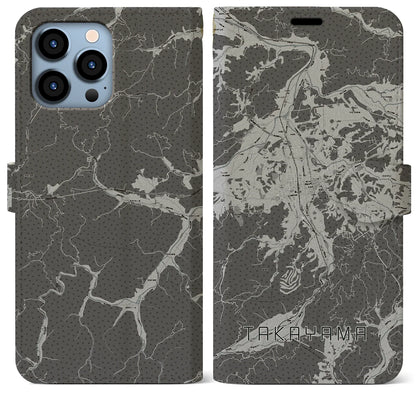 【高山（岐阜県）】地図柄iPhoneケース（手帳タイプ）モノトーン・iPhone 13 Pro Max 用