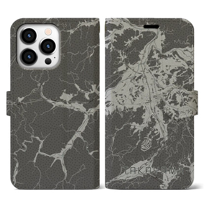 【高山（岐阜県）】地図柄iPhoneケース（手帳タイプ）モノトーン・iPhone 13 Pro 用