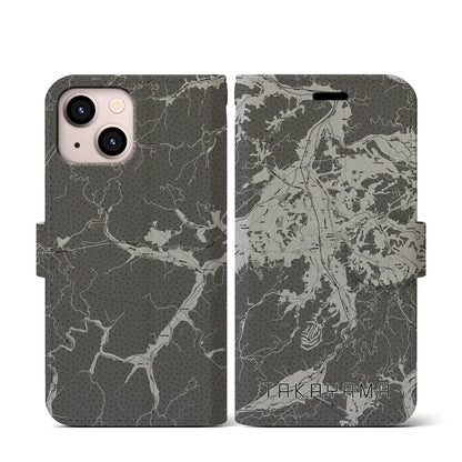 【高山（岐阜県）】地図柄iPhoneケース（手帳タイプ）モノトーン・iPhone 13 mini 用