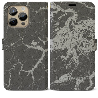 【高山（岐阜県）】地図柄iPhoneケース（手帳タイプ）モノトーン・iPhone 14 Pro Max 用