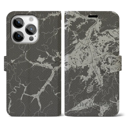 【高山（岐阜県）】地図柄iPhoneケース（手帳タイプ）モノトーン・iPhone 14 Pro 用