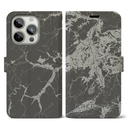 【高山（岐阜県）】地図柄iPhoneケース（手帳タイプ）モノトーン・iPhone 15 Pro 用