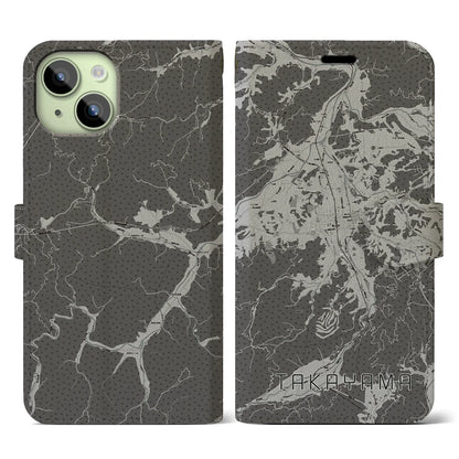 【高山（岐阜県）】地図柄iPhoneケース（手帳タイプ）モノトーン・iPhone 15 用