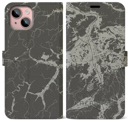 【高山（岐阜県）】地図柄iPhoneケース（手帳タイプ）モノトーン・iPhone 15 Plus 用