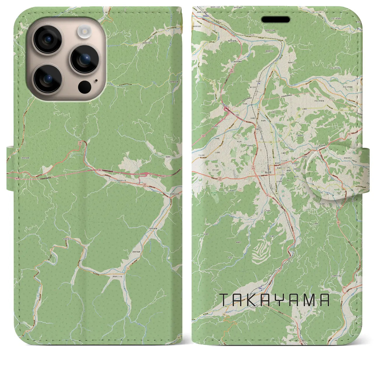 【高山（岐阜県）】地図柄iPhoneケース（手帳タイプ）ナチュラル・iPhone 16 Plus 用