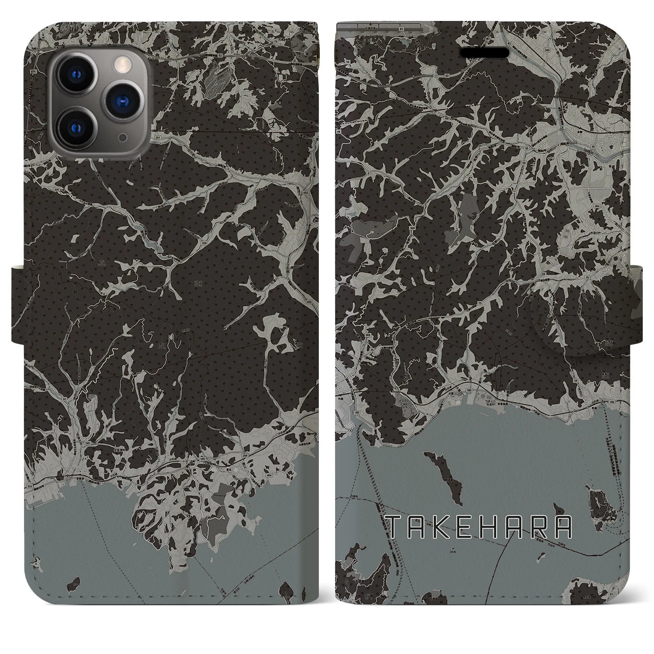 【竹原】地図柄iPhoneケース（手帳両面タイプ・モノトーン）iPhone 11 Pro Max 用