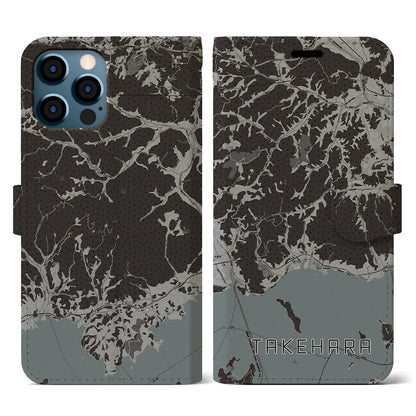 【竹原（広島県）】地図柄iPhoneケース（手帳タイプ）モノトーン・iPhone 12 / 12 Pro 用