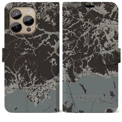 【竹原（広島県）】地図柄iPhoneケース（手帳タイプ）モノトーン・iPhone 14 Pro Max 用