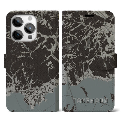 【竹原（広島県）】地図柄iPhoneケース（手帳タイプ）モノトーン・iPhone 14 Pro 用