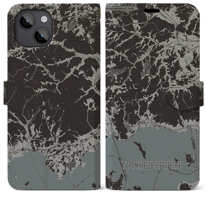 【竹原（広島県）】地図柄iPhoneケース（手帳タイプ）モノトーン・iPhone 14 Plus 用