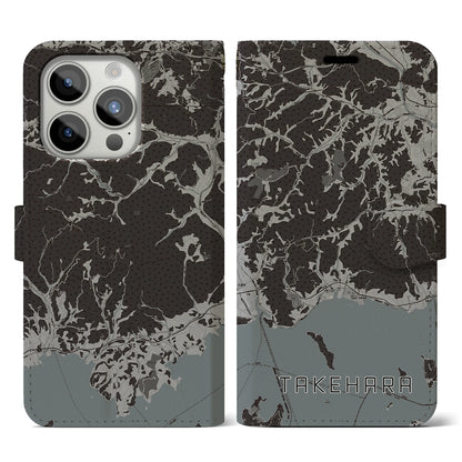 【竹原（広島県）】地図柄iPhoneケース（手帳タイプ）モノトーン・iPhone 15 Pro 用