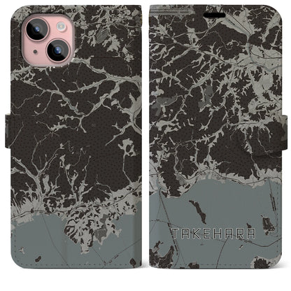 【竹原（広島県）】地図柄iPhoneケース（手帳タイプ）モノトーン・iPhone 15 Plus 用