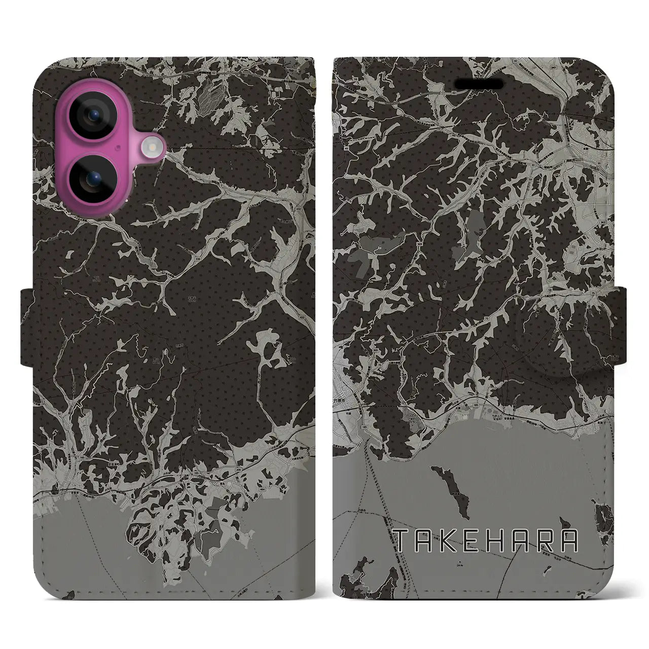 【竹原（広島県）】地図柄iPhoneケース（手帳タイプ）モノトーン・iPhone 16 Pro 用