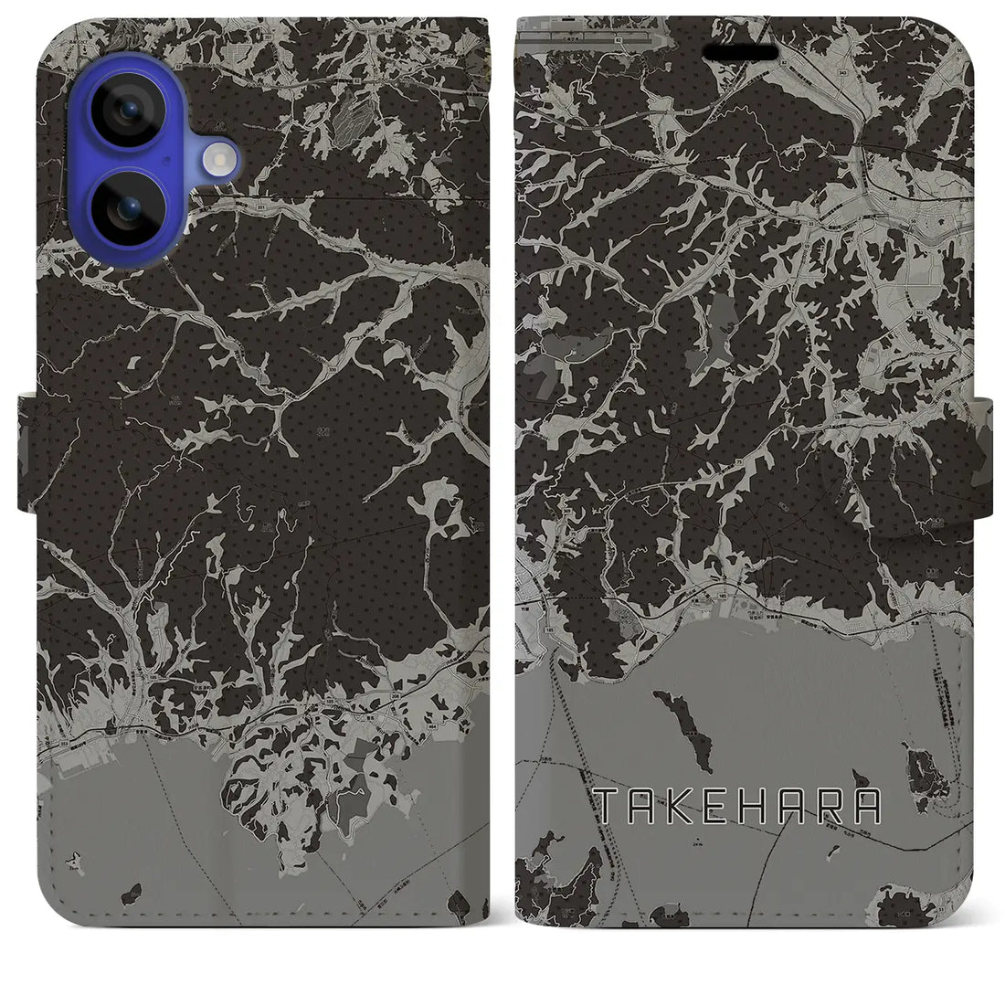 【竹原(広島県)】地図柄iPhoneケース(手帳タイプ)モノトーン・iPhone 16 Pro Max 用