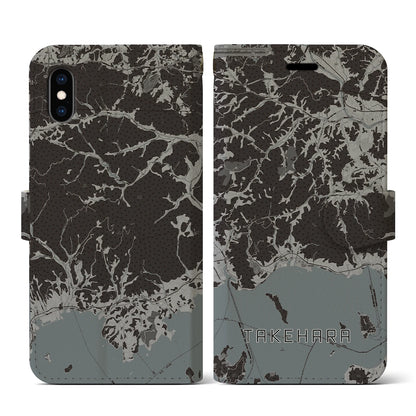 【竹原（広島県）】地図柄iPhoneケース（手帳タイプ）モノトーン・iPhone XS / X 用