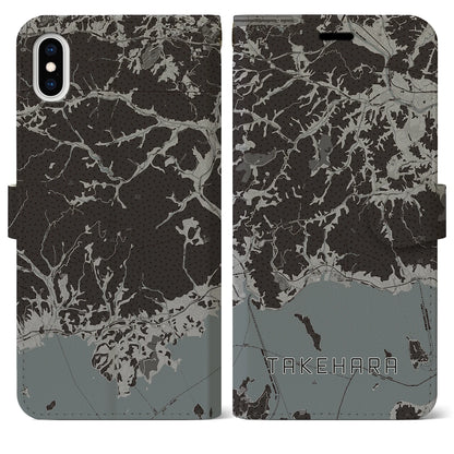 【竹原（広島県）】地図柄iPhoneケース（手帳タイプ）モノトーン・iPhone XS Max 用