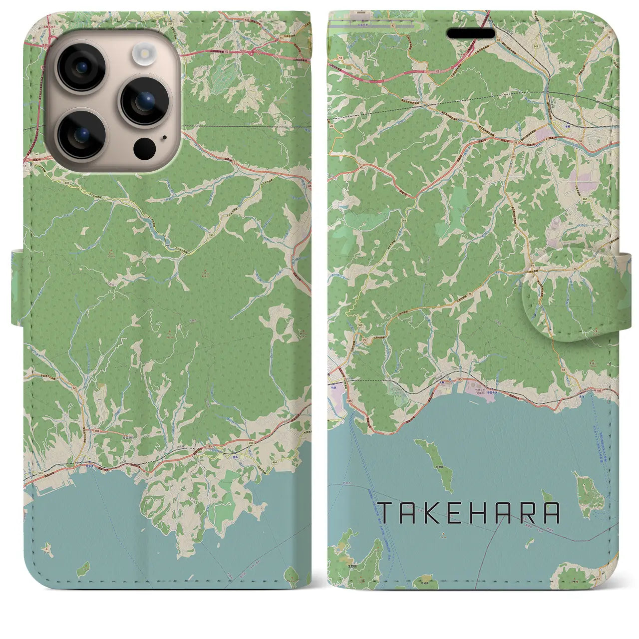 【竹原（広島県）】地図柄iPhoneケース（手帳タイプ）ナチュラル・iPhone 16 Plus 用