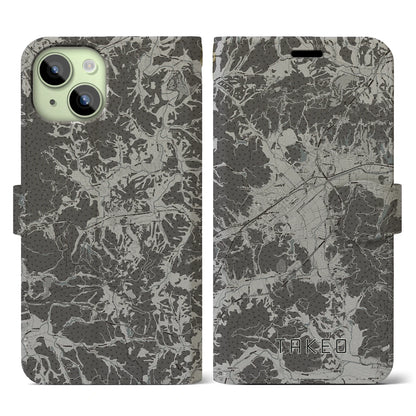 【武雄（佐賀県）】地図柄iPhoneケース（手帳タイプ）モノトーン・iPhone 15 用