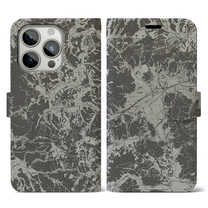 【武雄（佐賀県）】地図柄iPhoneケース（手帳タイプ）モノトーン・iPhone 15 Pro 用