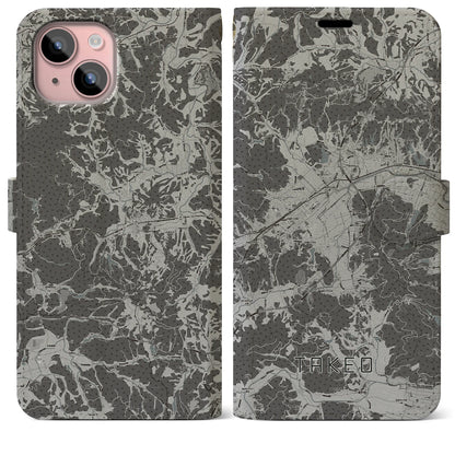 【武雄（佐賀県）】地図柄iPhoneケース（手帳タイプ）モノトーン・iPhone 15 Plus 用