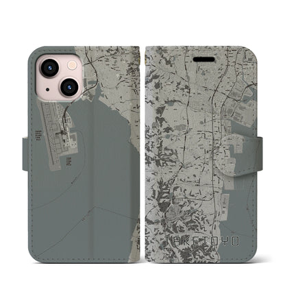 【武豊（愛知県）】地図柄iPhoneケース（手帳タイプ）モノトーン・iPhone 13 mini 用