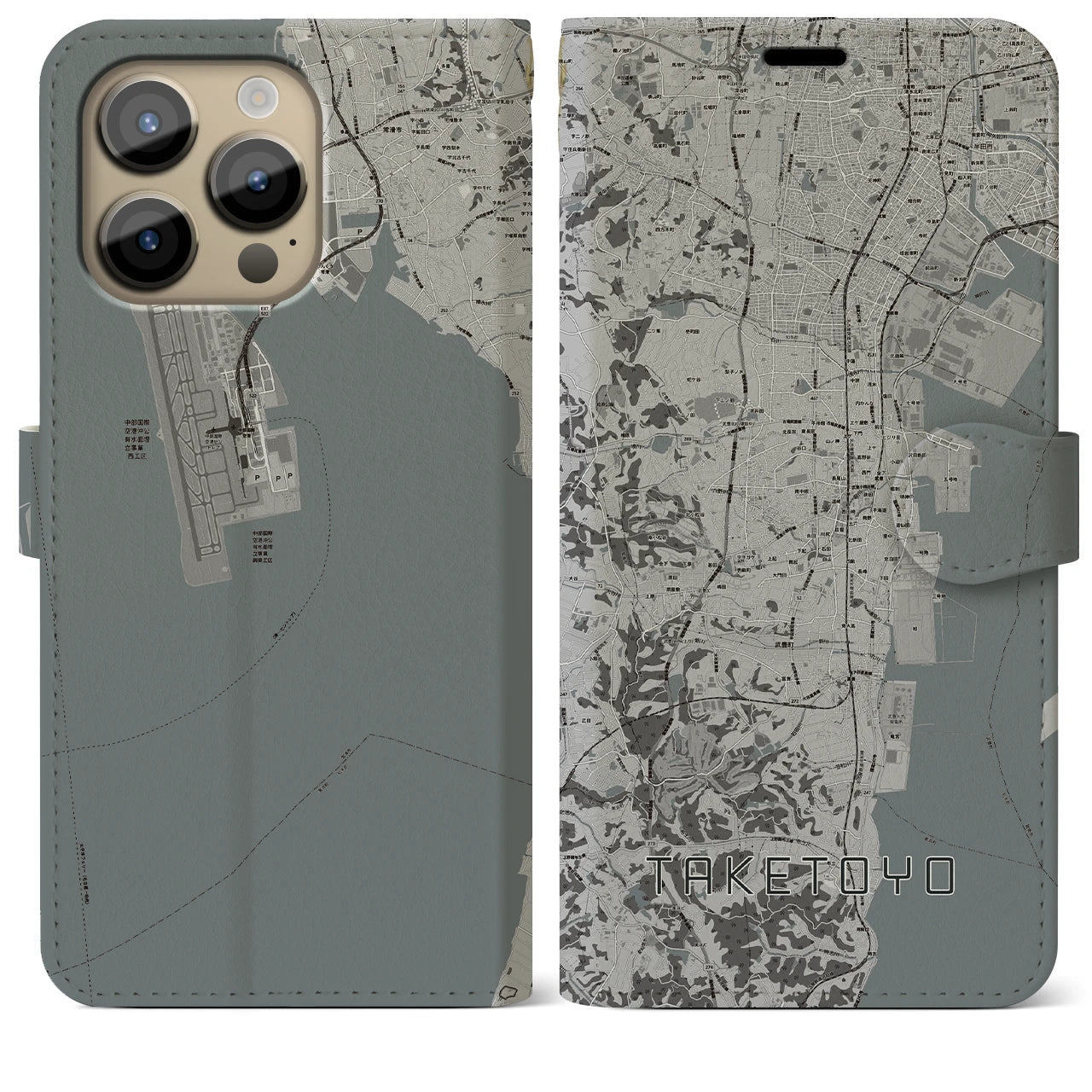 【武豊】地図柄iPhoneケース（手帳両面タイプ・モノトーン）iPhone 14 Pro Max 用