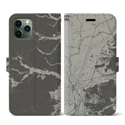 【滝川（北海道）】地図柄iPhoneケース（手帳タイプ）モノトーン・iPhone 11 Pro 用