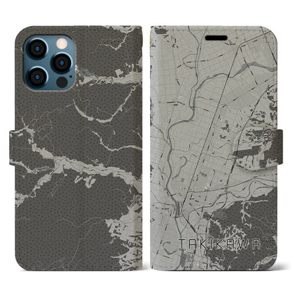 【滝川（北海道）】地図柄iPhoneケース（手帳タイプ）モノトーン・iPhone 12 / 12 Pro 用